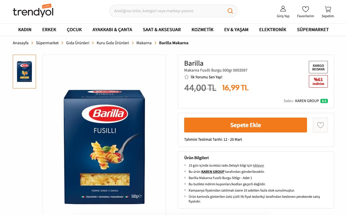 msafaksarinet's tweet photo. Bunu yüzyıllar geçse unutturamayacaksınız @Trendyol ve yönetimi. Belki o zamana siz bile kalmayacaksınız ama unutulmayacaksınız. 

Ortalama marketlerde 3,5 TL'ye satılan Barilla Fusilli ve 2,5 TL'ye sayılan Nuh'un Ankara Burgu Makarnayı 45 TL'den 15 TL'ye düşürdüniz demek... https://t.co/jXEld26PUx