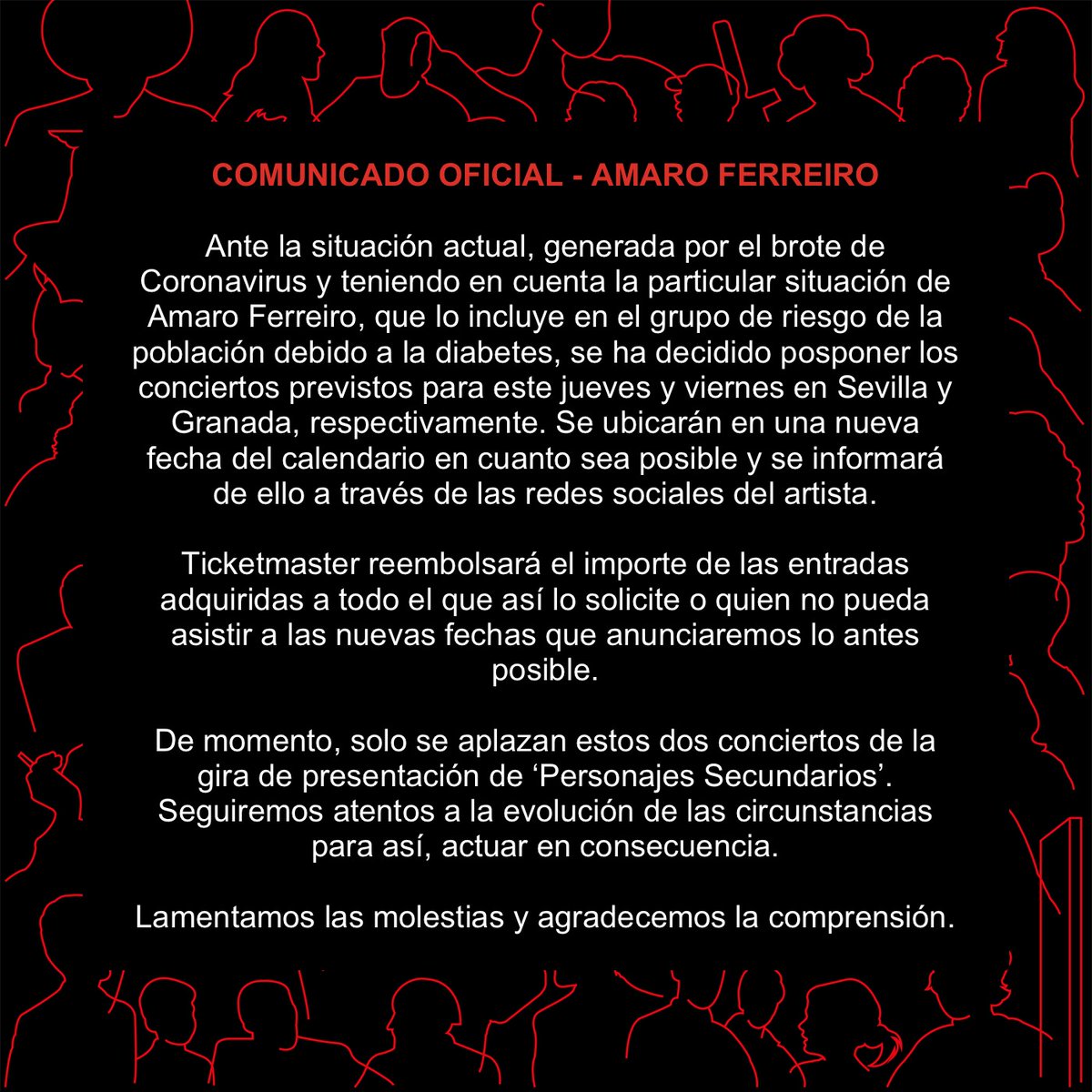 Nuevas fechas de @amaroferreiro por motivo del #Coronavirus 
- 8 de octubre <a href="/salaplantabaja/">Planta Baja</a> #Granada 
- 9 de octubre <a href="/Sala_LaCalle/">Sala_LaCalle</a> #Sevilla
Cambios y devoluciones a través de <a href="/TicketmasterES/">Ticketmaster España</a>