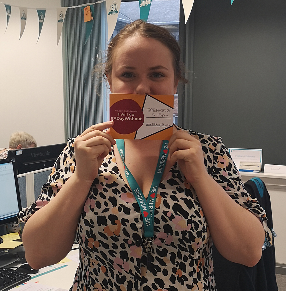 Meridianbs's tweet photo. As part of our partnership with Leonard Cheshire we are taking part in #ADayWithout. Abbey from our accounts department is going without talking for the whole day, Abbey likes a chat so this will be quite a feat! Good luck Abbey! https://t.co/i1i2e3jVaT
