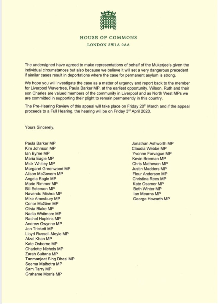 Paula Barker (@paulabarkermp) on Twitter photo Today, I have written to the Minister of State for Immigration <a href="/kevin_j_foster/">Kevin Foster</a> in relation to Wilson, Ruth and Charles’ case. The plight of the Mukerjee family has my full and unwavering support. The Home Secretary, @patel4witham, kindly took my letter signed by 39 fellow MPs. Today, I have written to the Minister of State for Immigration <a href="/kevin_j_foster/">Kevin Foster</a> in relation to Wilson, Ruth and Charles’ case. The plight of the Mukerjee family has my full and unwavering support. The Home Secretary, @patel4witham, kindly took my letter signed by 39 fellow MPs.