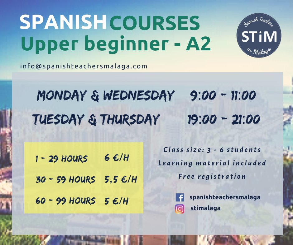 STiMalaga's tweet photo. NEW SPANISH GROUP - Upper Beginner A2
- Monday &amp; Wednesday, 9:00 - 11:00

#LearnSpanish #Spanish #STiM #Malaga #Andaluciahoy #Courses https://t.co/rrscWzRDIw