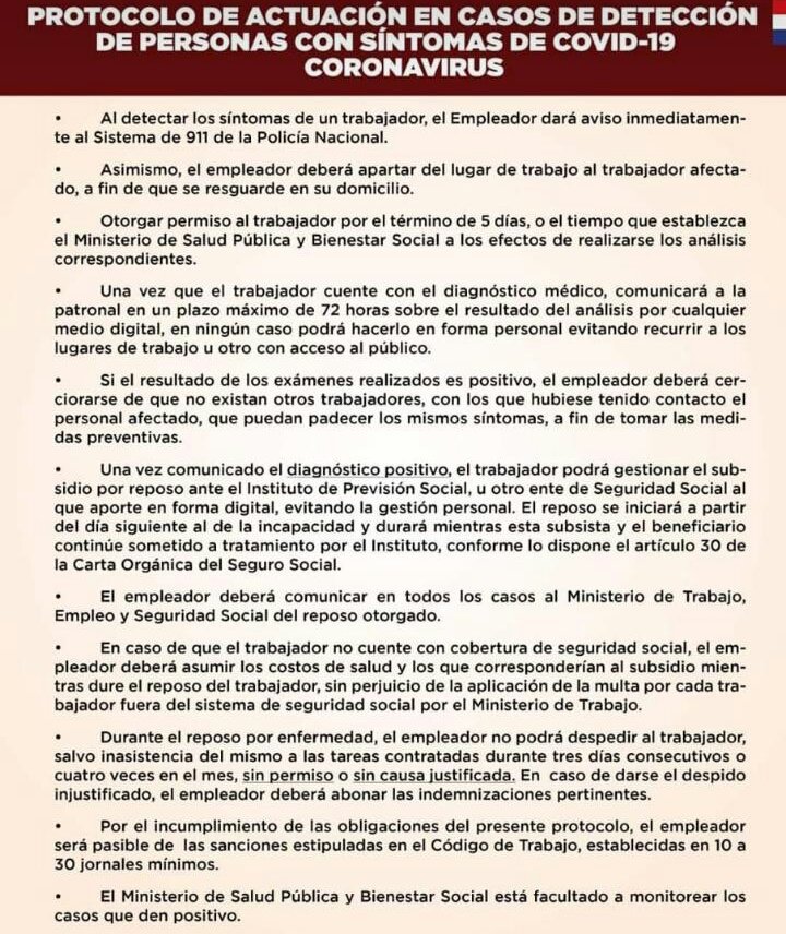 magparaguay's tweet image. Sabés cómo actuar ante un posible caso de coronavirus? Qué hacer ante una persona con síntomas? Te puede servir este protocolo de actuación 👇👇👇