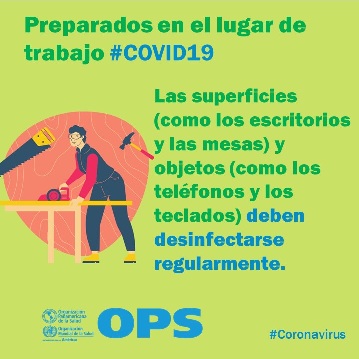 OPSOMSRD's tweet photo. En el lugar de trabajo también debemos tomar medidas de prevención ante la #COVID19, como desinfectar 🧹🧼regularmente las superficies como mesas, escritorios; y los objetos como teléfonos☎️⌨️ y teclados. 

#SaludParaTodos https://t.co/28D9lHuEpp