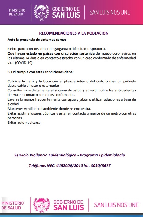 sanluisgob's tweet photo. El ministerio de Salud informó sobre dos nuevos casos sospechosos importados de Coronavirus. Son 2 hombres que se encuentran en aislamiento en el Hospital San Luis. Se les realizó la toma de muestra y se envió al Instituto Malbrán a los fines de confirmar o descartar el caso. https://t.co/reZ5QCB98P