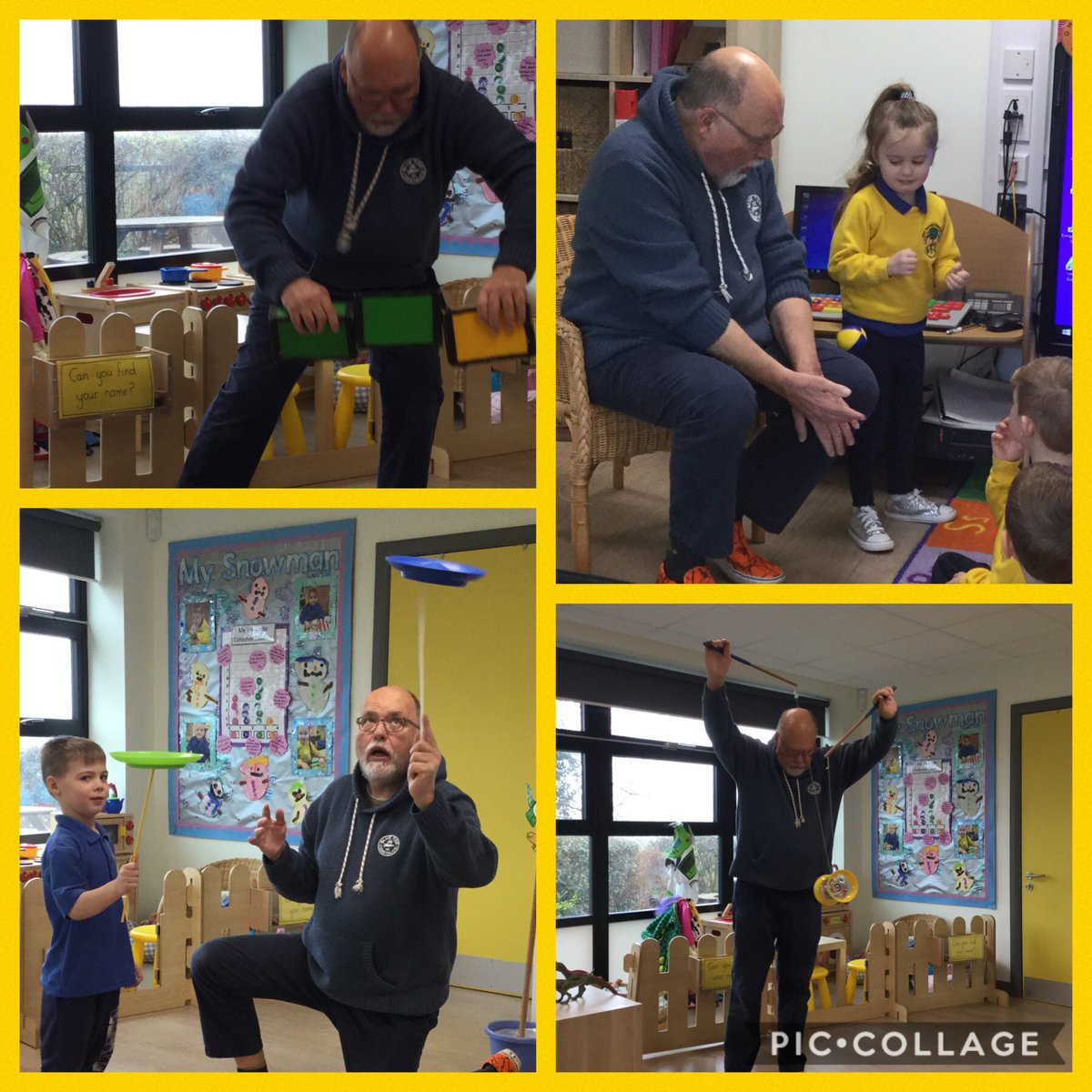 PPSMrsWilliams's tweet photo. What a surprise! Mr Big arrived with his box of magic. We enjoyed juggling, spinning plates and much, much more. Smiles all around in Nursery today. Diolch Mr Big 😁@PPSHealth_Well https://t.co/UqJduyHYeJ