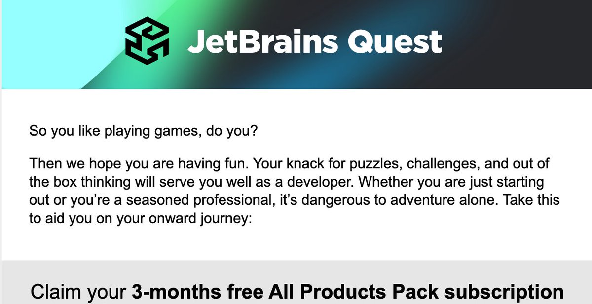 ollynevard's tweet photo. Second #JetBrainsQuest, another 3-months free All Products Pack subscription 🤔 https://t.co/gBtMGHV77w