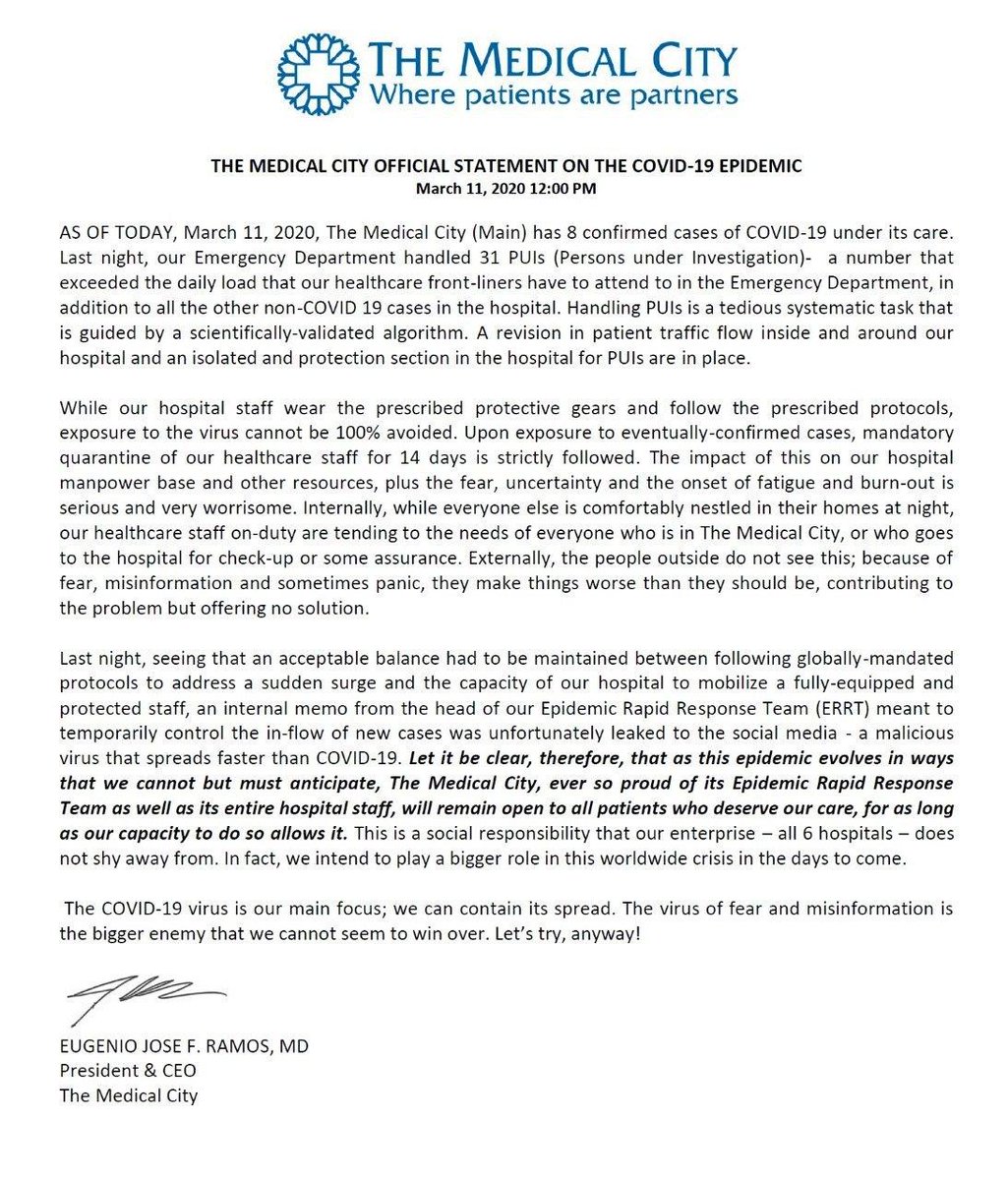 gmanews's tweet photo. LOOK: Official statement of The Medical City today, March 11. The hospital confirmed that the main branch in Ortigas has eight (8) confirmed cases of COVID-19 in its care and that the ER handled 31 PUIs last night. | via @shailagarde /Stand For Truth https://t.co/QE5b7R6RRk
