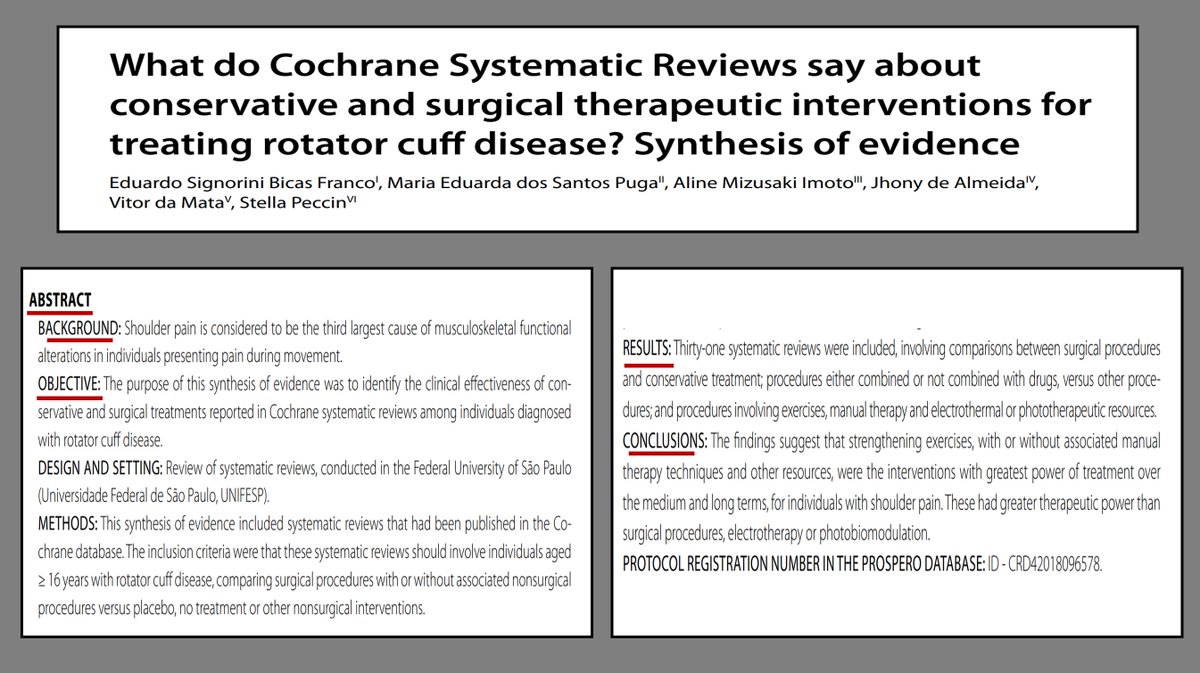 JeremyLewisPT's tweet photo. Interesting read. Synthesis of Cochrane SR's on management for #RCRSP. Supporting exercise therapy (with or without manual therapy) in the medium and longer term. https://t.co/PiV6X1TlwI 🔓 https://t.co/vQcvTojbHn