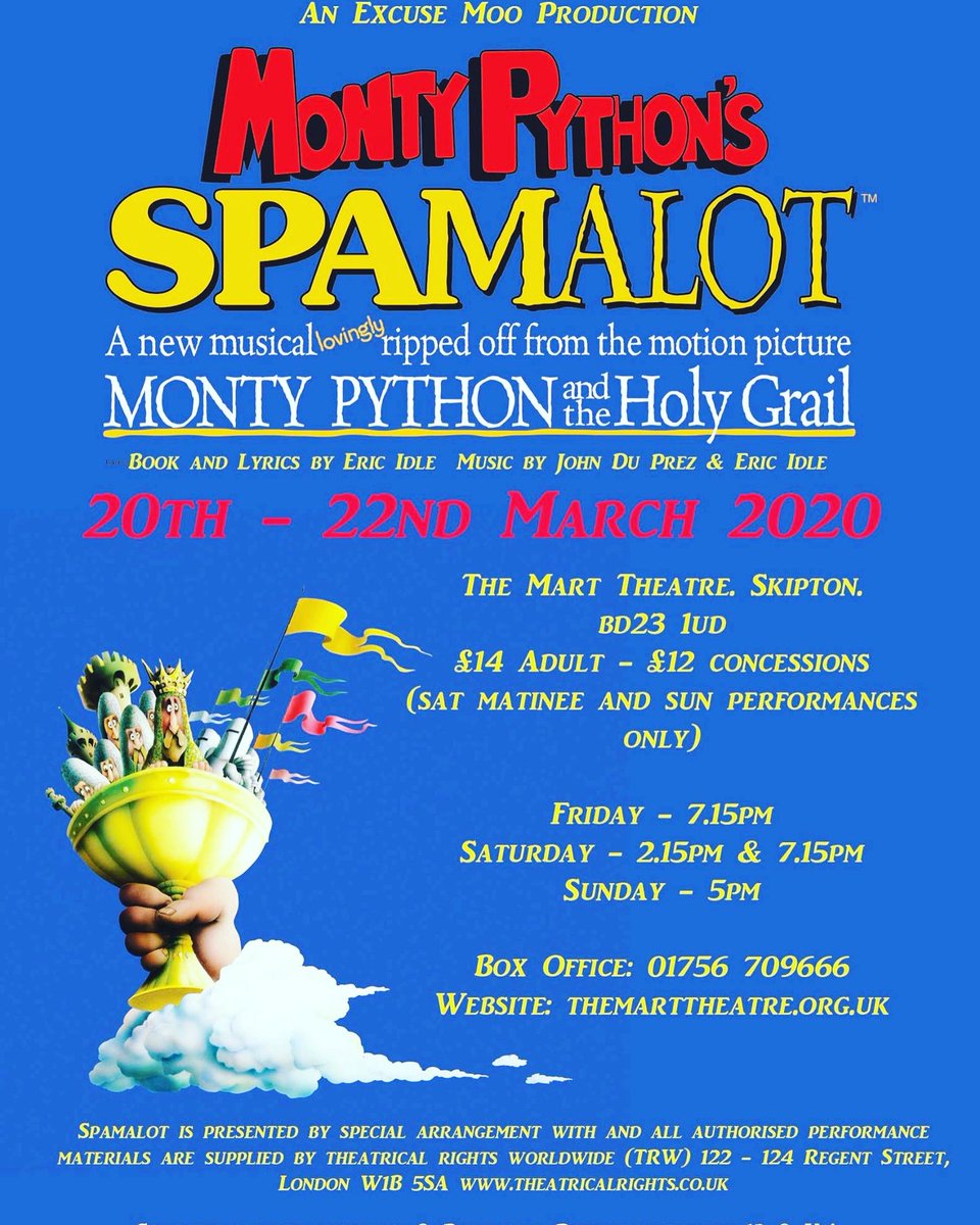 Spam Spam Spam Spam. Excuse Moo Productions present Spamalot at the Mart Theatre. Book Now. themarttheatre.org.uk