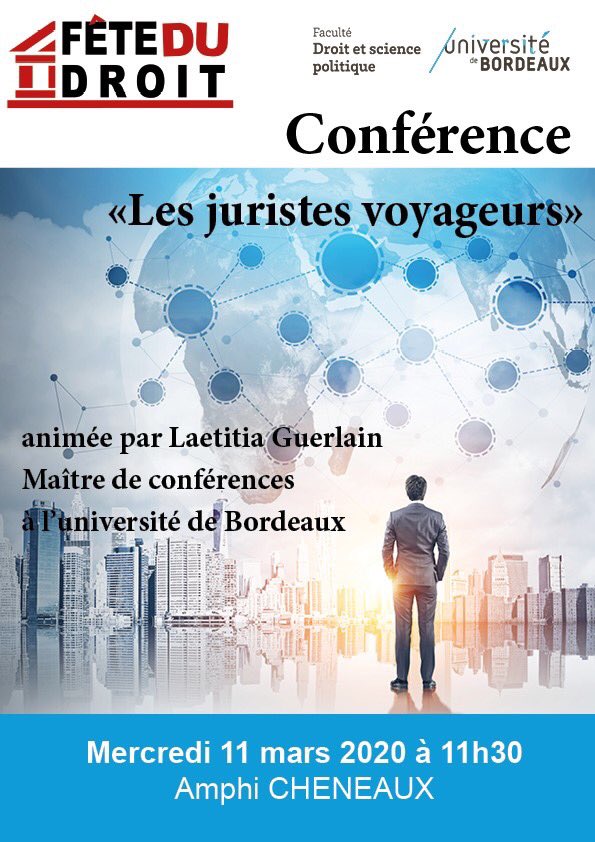 RDV à 11h30 en amphi Cheneaux pour la conférence de Laëtitia Guerlain, Maître de conférences à <a href="/univbordeaux/">Université de Bordeaux</a> :
« Les juristes voyageurs ».
Étudiant.e.s en L1, cette conférence est intégrée au programme de l’option culture générale 😉#fetedudroit2020
