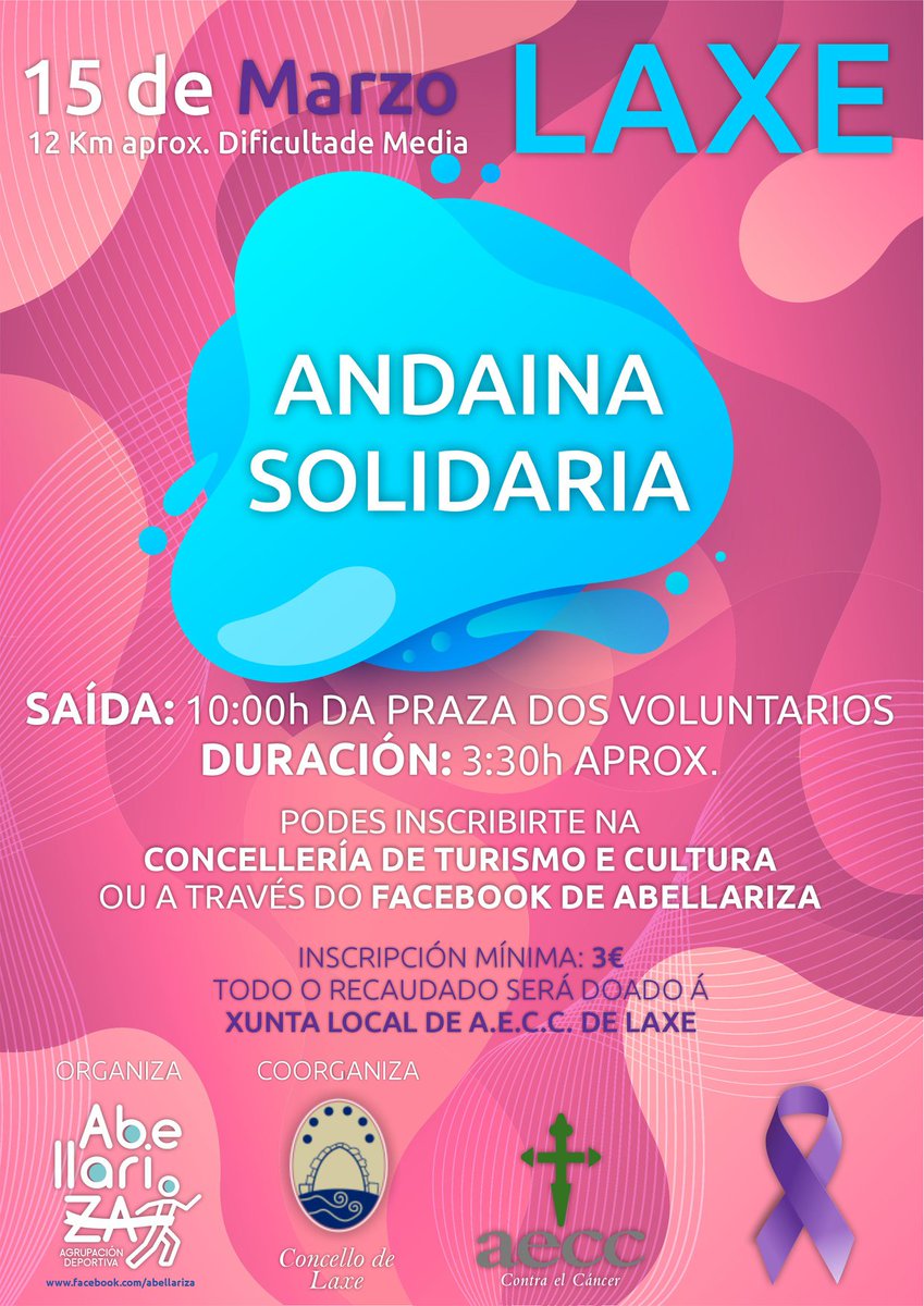 CostaMorteCMAT's tweet photo. Esta fin de semana, a Agrupación Deportiva Abellariza, en colaboración co @laxeconcello e a @aeccACoruna organiza unha andaina solidaria🎗️ contra o cancro. Todo o reucado irá parar á xunta local de AECC en Laxe. 
As prazas para inscribirse xa están esgotadas! https://t.co/jS17tLxWv7