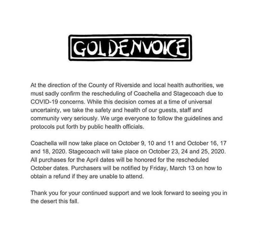 🚨 Confirmé, <a href="/coachella/">Coachella</a> est reporté aux weekends du 9-11 Octobre et du 16-18 Octobre. Et il sera possible de se faire rembourser si on ne peut s'y rendre !