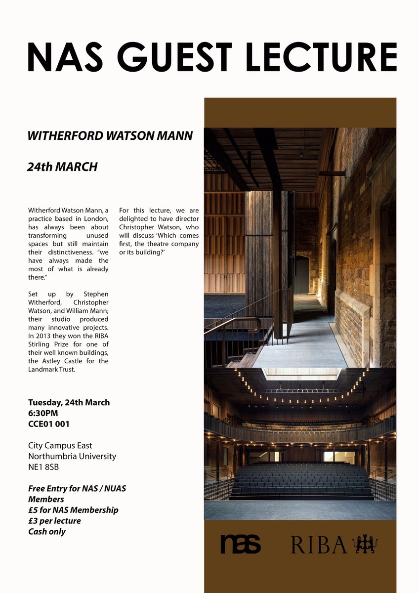 ArchSocNU's tweet photo. Our next guest lecture is Tuesday 24th March with Witherford Watson Mann! Hope to see you there! @RIBANorthEast @NUArchiSoc @ArchSocNU #wwmarchitects https://t.co/2sJzGyUp5Q