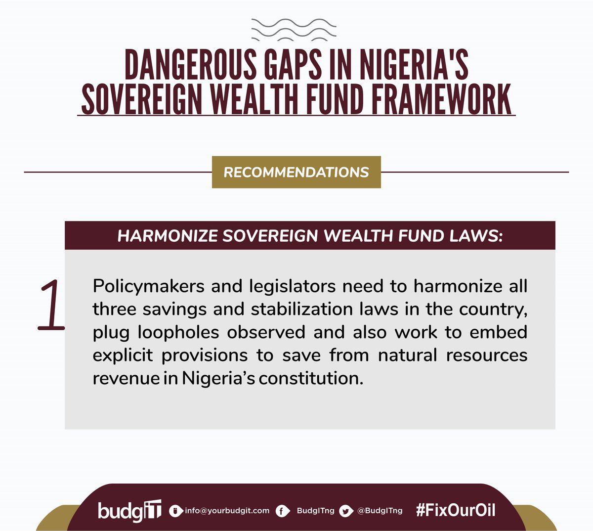 Recommendations1. Harmonize Sovereign Wealth Fund Laws:Policymakers and legislators need to harmonize all three savings and stabilization laws in the country, plug loopholes and work to embed explicit provisions to save from natural resources revenue in Nigeria’s constitution