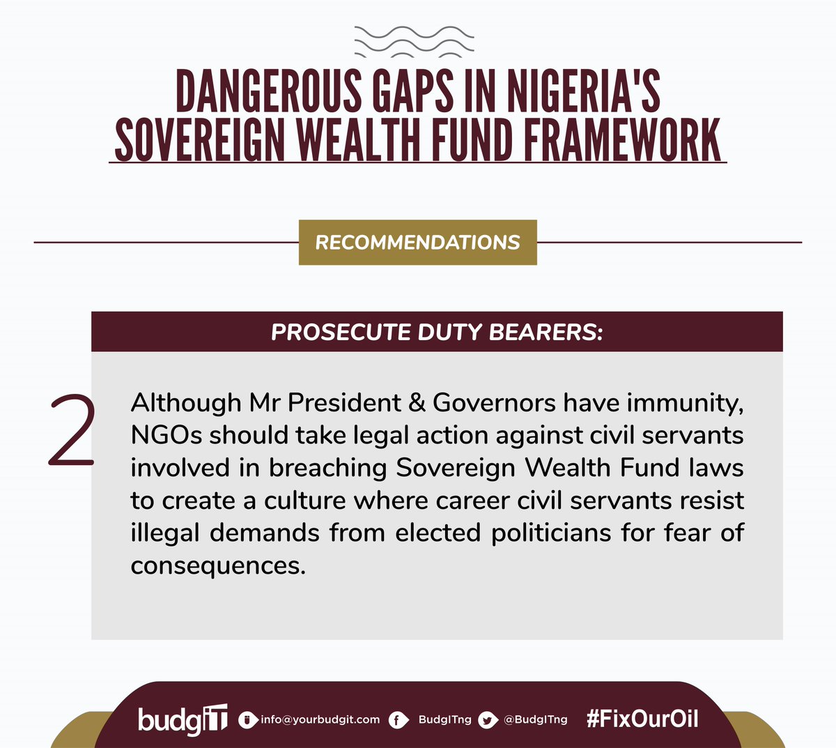 2. Prosecute Duty Bearers:Although  @MBuhari & governors have prosecutorial immunity, CSOs should take legal action against career civil servants involved in breaching SWF laws to create a culture of resisting illegal demands from elected politicians for fear of consequences