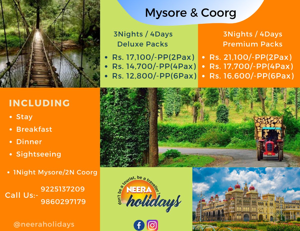 HolidaysNeera's tweet photo. Travel with neera Mysore &amp; Coorg
Enjoy your vacation with us give the best treat to yourself.
#mysore #coorg #travel #travelphotography #summerhouse #HolidayLikeNeverBefore #holiday #travelingsolo #travelblogger #vacation #WednesdayMotivation #WednesdayWisdom #WednesdayVibes https://t.co/GZ9petH7ZR