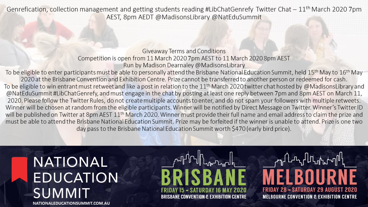 MadisonsLibrary's tweet photo. Our twitter chat #LibChatGenrefy is almost due to start. To indicate you would like to go in the running for the free ticket to the Bris National Education Summit please retweet or comment on this post. @NatEduSummit https://t.co/CWpgZdhK8H