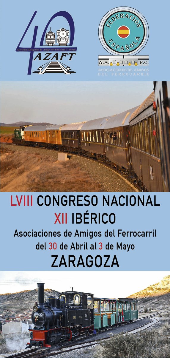 culturadetren's tweet photo. Del 30 de abril al 3 de mayo en Zaragoza, congreso anual de la Federación Española de Asociaciones de Amigos del Ferrocarril (FEAAF), bajo la organización de @azaft_org con actividades como viajes en Tren Azul a Teruel, @tranviadezgz y @TrenUtrillas
https://t.co/oMBr8R5ZJ4 https://t.co/HVDEgWwL2k