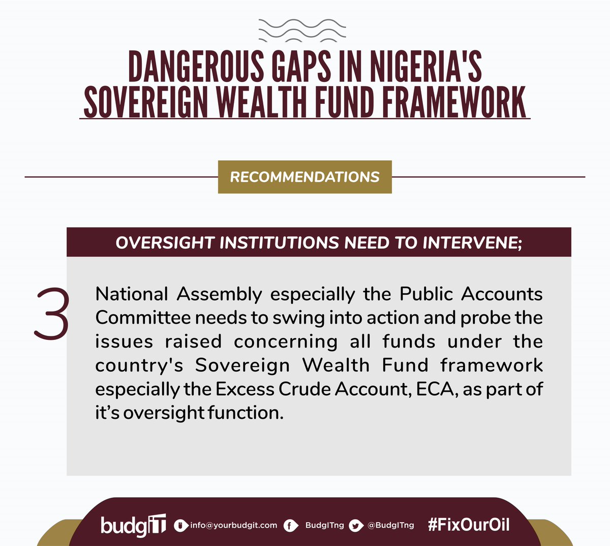3. Oversight institutions need to intervene;  @nassnigeria especially the Public Accounts Committee needs to intervene and probe all spendings from the Sovereign Wealth Fund framework especially the Excess Crude Account, ECA, as part of its oversight function. #FixOurOil