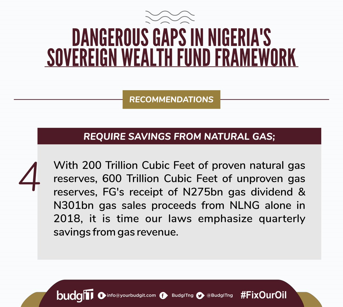 4. Require savings from natural gas; With the country's huge natural gas reserves and the FG's receipt of N275bn dividend & N301bn sales proceeds from NLNG alone in 2018, it's time our laws prioritize quarterly savings from revenue accrued from natural gas sales #FixOurOil