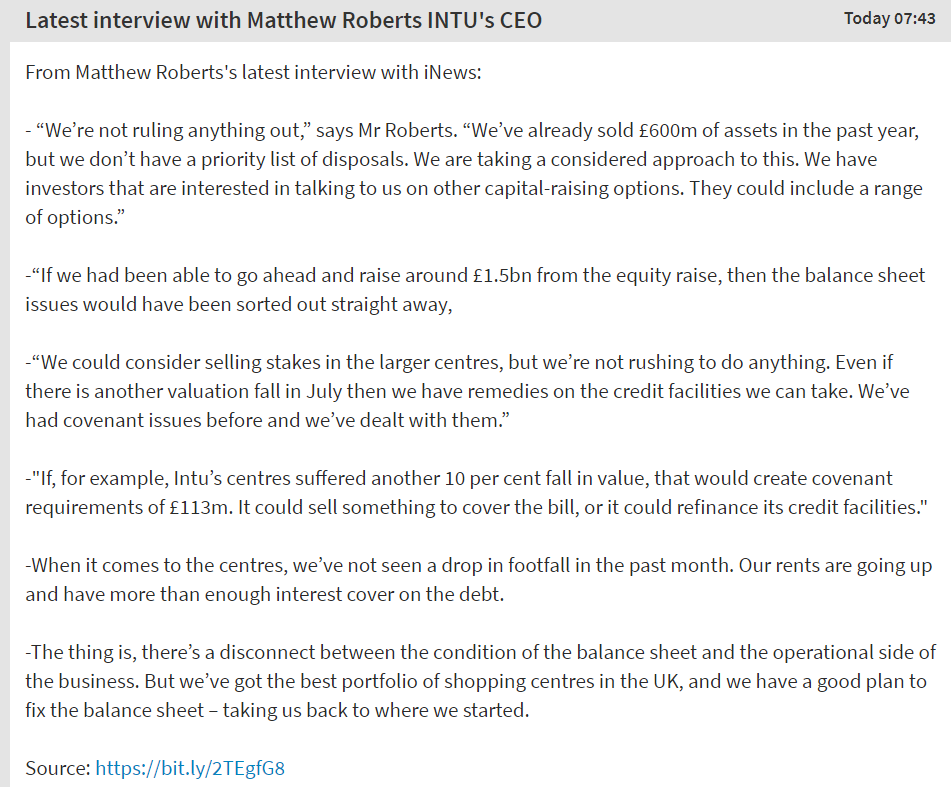 JohnAnderson_10's tweet photo. "We could consider selling stakes in the larger centres but we’re not rushing to do anything.Even if there is another valuation fall in July then we have remedies on the credit facilities we can take.We’ve had covenant issues before & we’ve dealt with them”
#INTUPROPERTIES #INTU https://t.co/Su2eGz6zRH