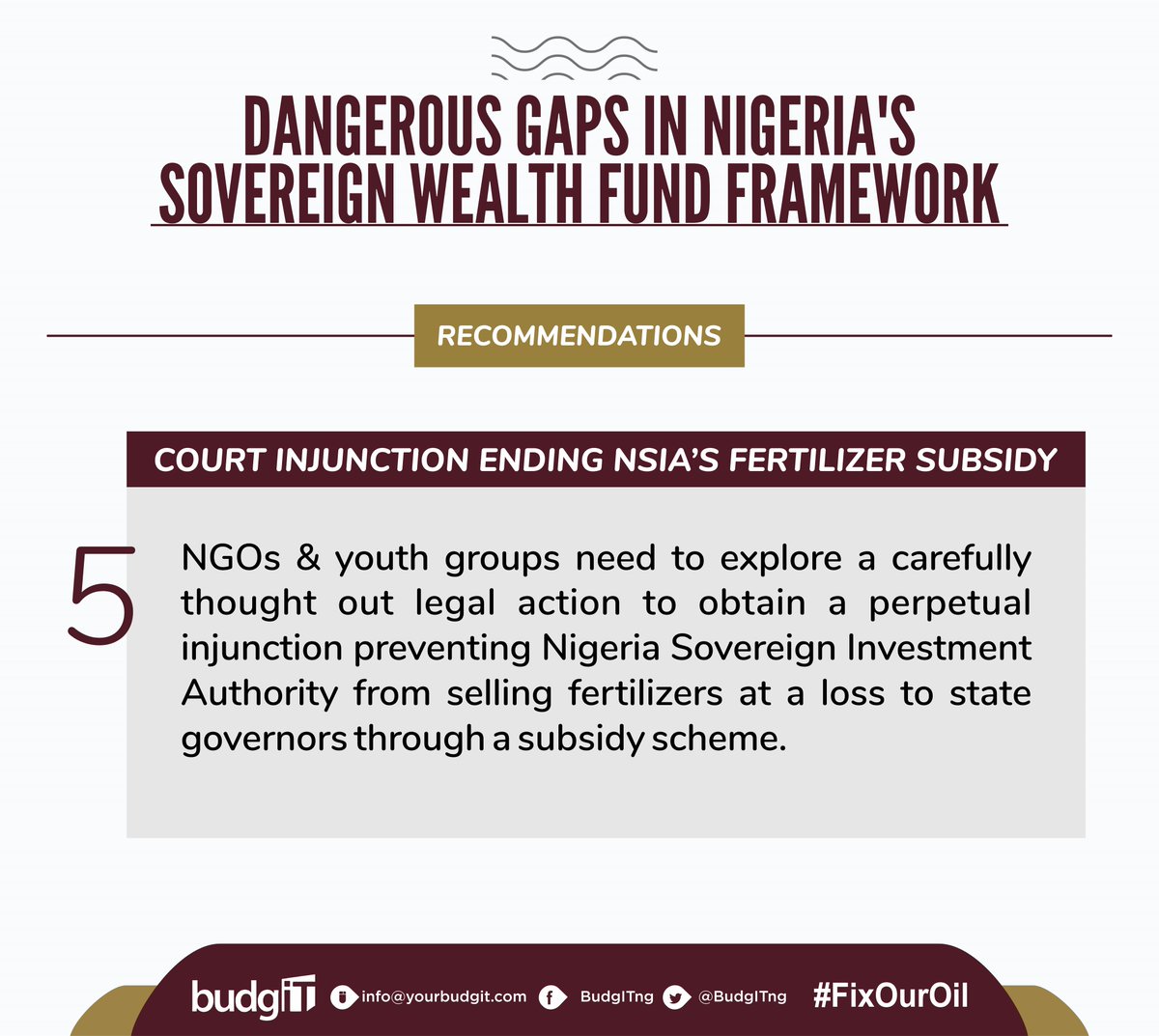 5. Court Injunction ending NSIA’s Fertilizer SubsidyCSOs need to explore a carefully thought out legal action to obtain a perpetual injunction preventing  @NSIA_Nigeria from selling fertilizers at a loss to state governors through a subsidy scheme  #FixOurOil