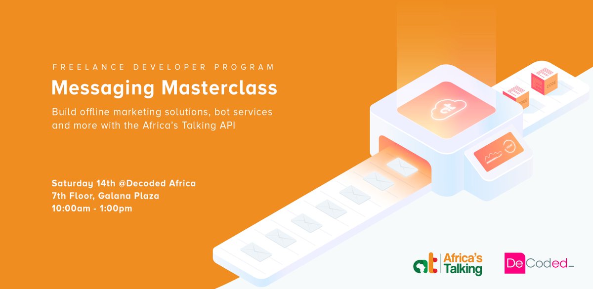 Africastalking's tweet photo. We've introduced you to our #SMSAPI but that’s not enough to show you the impact of our messaging platform.
Register here - https://t.co/S4WCH7dpSR to get your nails dirty with practical sessions at the #SMSMasterclass this Sat at Galana Plaza that's tailored around our #SMSAPI. https://t.co/psHiIrj923
