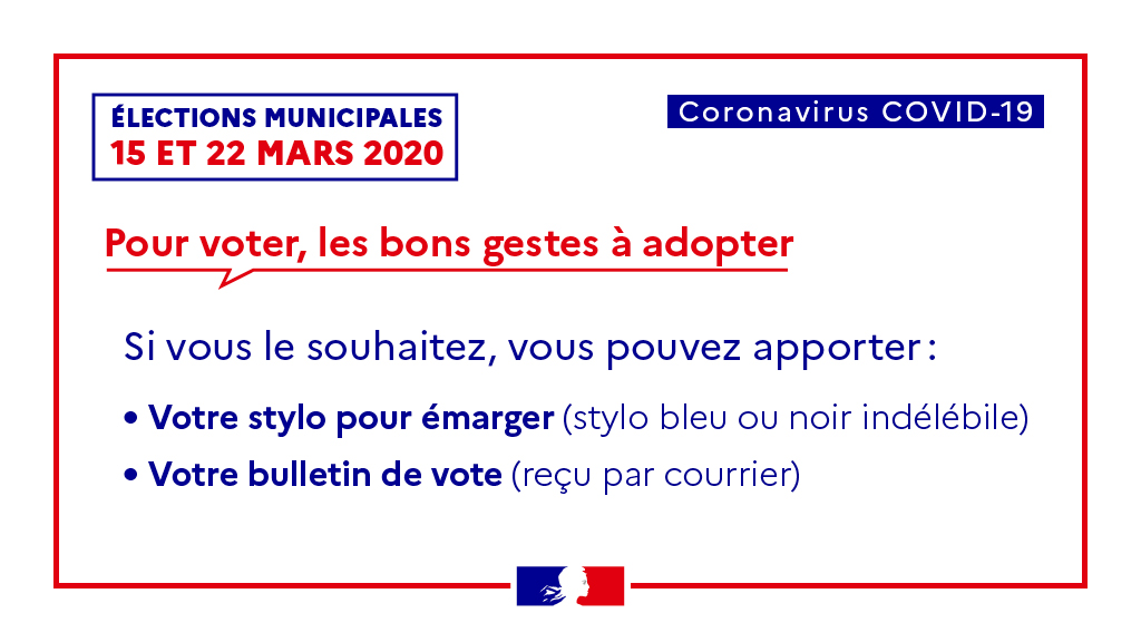 Prefet30's tweet photo. 🗳️ Élections #Municipales2020 :  pour assurer la protection sanitaire des électeurs en raison du contexte #COVID19, des mesures ont été prises. ✅ Adoptez les bons gestes : 🖊️✉️ Vous pouvez apporter votre propre stylo et votre bulletin de vote pour aller voter dimanche. https://t.co/M7wChc0pbt