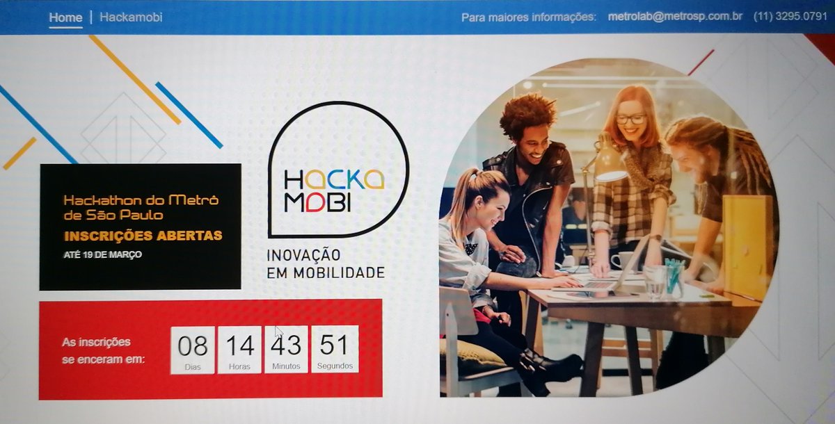 Y4PT's tweet photo. Inscripçoes abertas! Check the @metrosp_oficial website and subscribe!! https://t.co/NMMvBuQSco #hackamobi #enjoythehack #Y4PThackhaton @UITPnews @MedMezghani @eleonora_pazos @nataverissimo https://t.co/VrKWxLbn2W