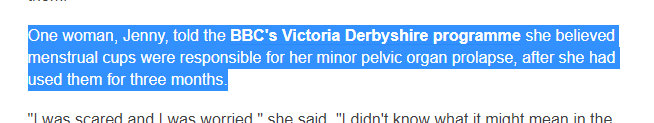 clareyeah's tweet photo. ONE WOMAN?! Why is @BBCNews using headlines like 'Menstrual cup misuse 'can cause prolaspe'' when they have evidence of it happening to one woman? Menstrual cups are a wonderful sustainable period option. https://t.co/yKVBPGl06c

#loveyourmooncup #mooncups #menstrualcups https://t.co/AT3M25urRu