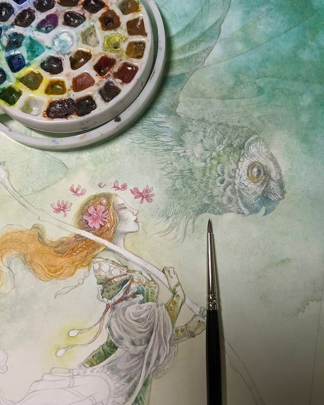 shadowscapes's tweet photo. Second in a quartet of pieces for the group show "Four Seasons" at @havengallery opening later this month. This one is Summer, and is Blodeuwedd of Welsh mythology, "Flower-faced".
.
.
.
#Watercolor #painting #art #shadowscapes #minipaletteinthewild #we… https://t.co/tL8VCMmKhw https://t.co/0IGuIjEhlV