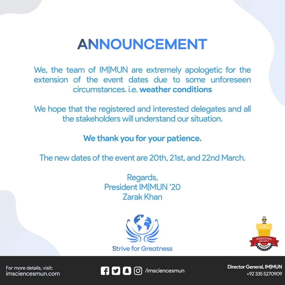 imsciencesmun's tweet photo. Team IM|MUN is fully focused on bringing you an event that will bring in a true sense of fulfillment about how and what an International Model United Nations is. The event is now going to officially be starting from the 20th till the 23rd of March. Stay tuned! https://t.co/dKLpS1FYtn