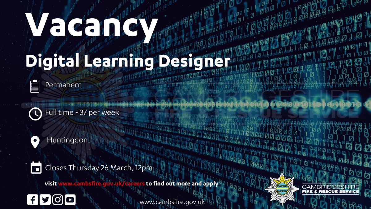 cambsfrs's tweet photo. 💥 #Vacancy - Digital Learning Designer 💥

Have you got a keen eye for detail? 👀
Educated to degree level? 📜
Experience with e-Learning authoring tools? 💻

This could be the job for you! ✅

Find out more &amp; apply ➡ https://t.co/nbrrTFVvl9

#NewJob #JoinUs #TeamCambsFire https://t.co/EYfNbmRiXZ