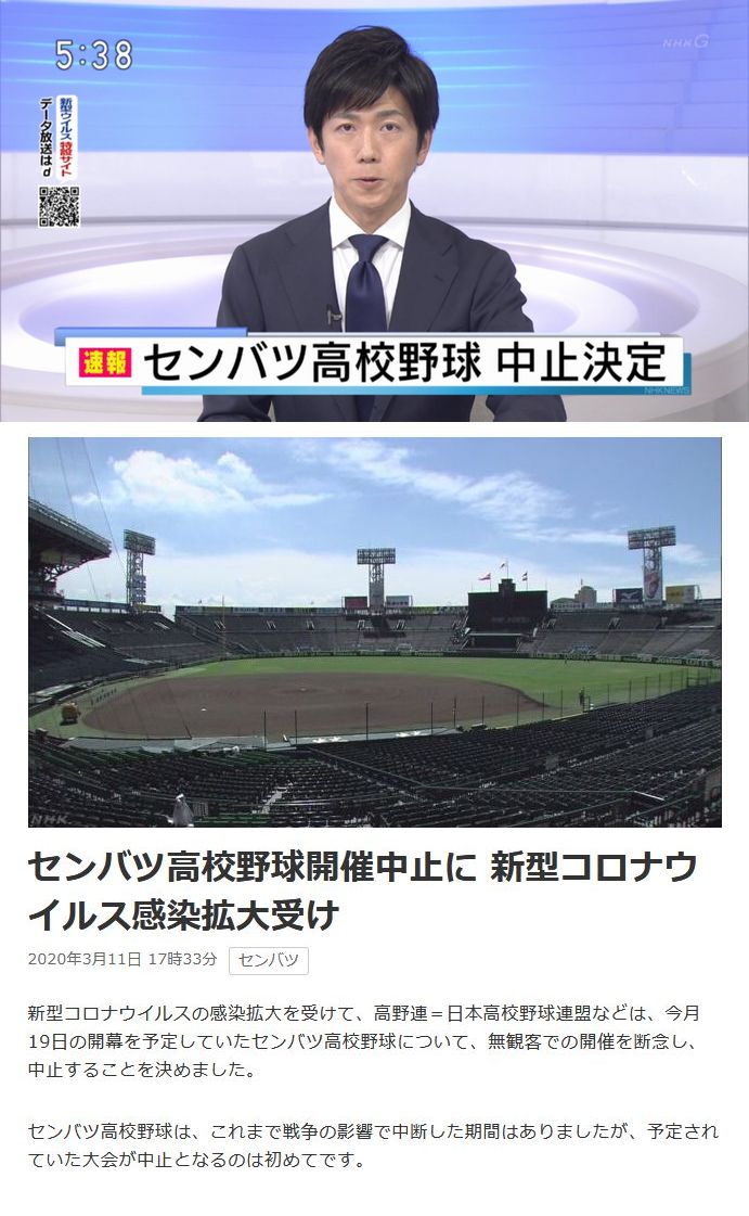 JPNG5's tweet photo. 【速報】センバツ高校野球の中止が決定！
高野連が無観客での開催��断念、開催中止は史上初！
大阪・兵庫では感染拡大止まらず、状況は深刻化－
https://t.co/nkz7rN6W5i

#高校野球
#センバツ
#甲子園
#センバツ高校野球
#新型コロナウイルス
#新型肺炎 https://t.co/HxDe30buvk