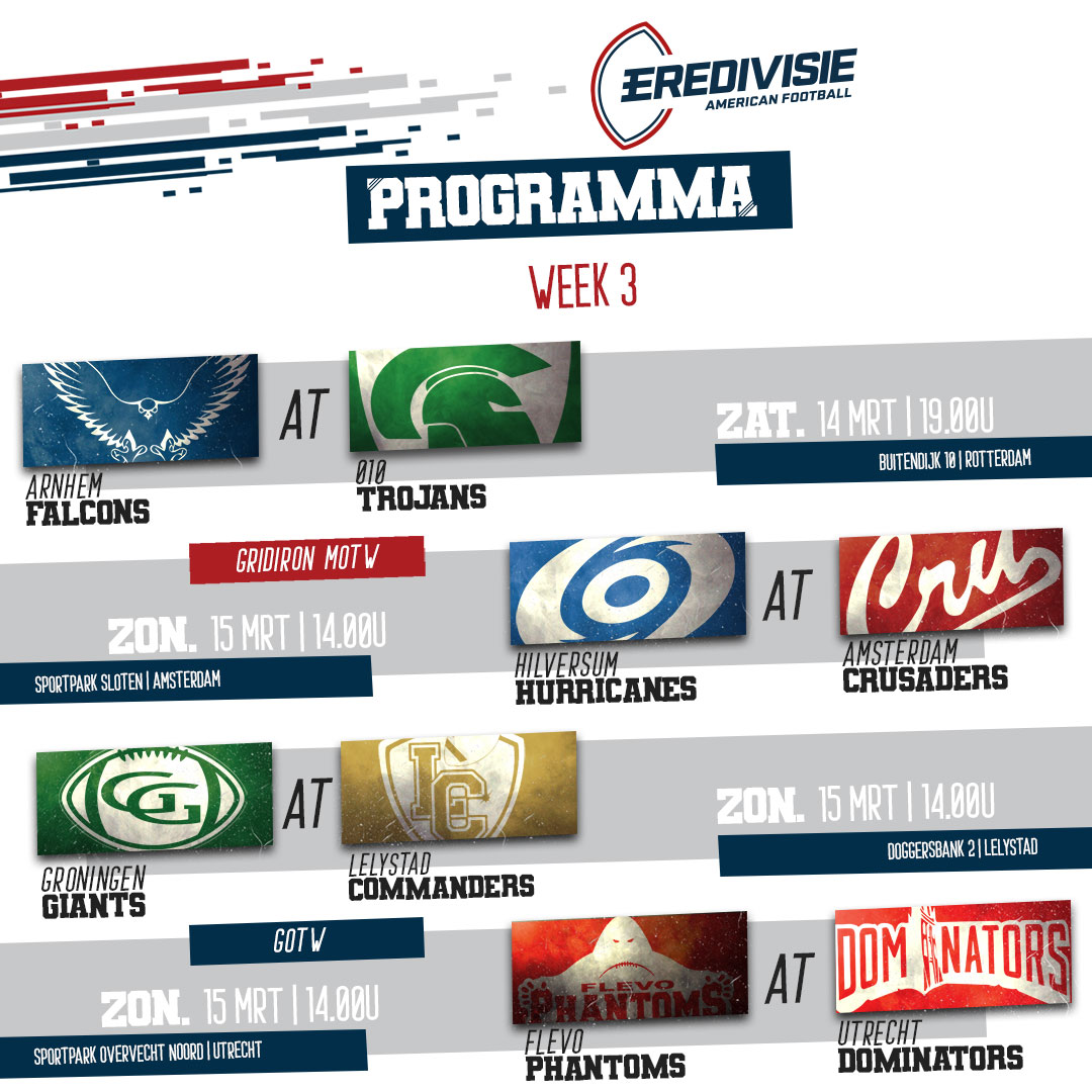 3️⃣ | Het speelschema van week 3! Komende zaterdag begint speelronde 3 met de game <a href="/arnhemfalcons/">Arnhem Falcons</a> at <a href="/010TROJANS/">010 TrojansFootball</a> om 19u! De Game of the Week is <a href="/FlevoPhantoms/">Flevo Phantoms</a> at <a href="/UtrDominators/">Utrecht Dominators</a>, de @Gridiron_AF Match of the Week is deze week <a href="/HsumHurricanes/">Hilversum Hurricanes</a> at <a href="/amsterdamcru/">Amsterdam Crusaders</a>! #EAF