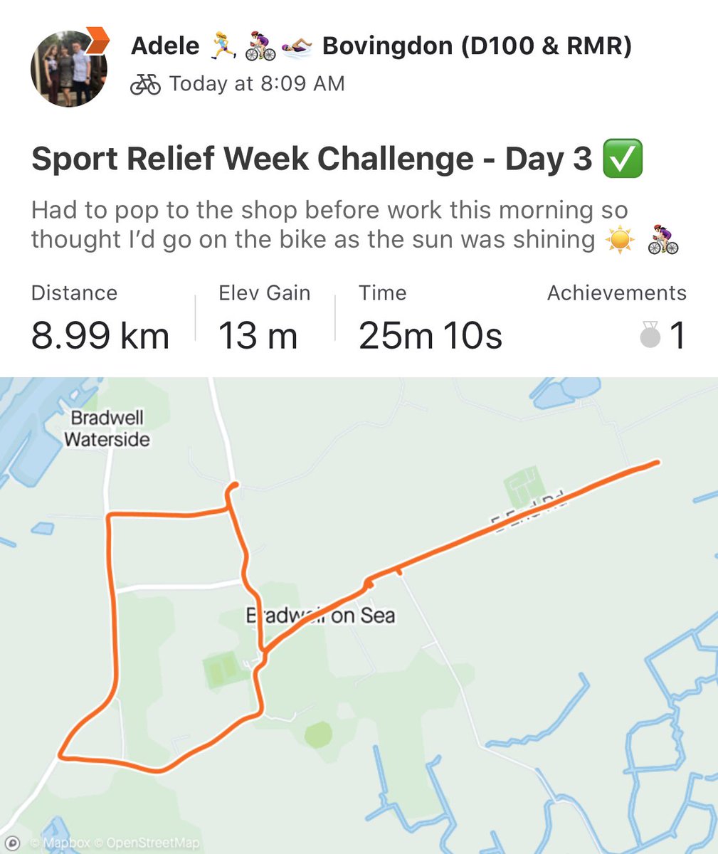 Sport Relief Week Challenge - Day 3 
Started my day with a quick little cycle before work. #getmaldonmoving #sportsrief2020 #livewell <a href="/MaldonDC/">Maldon District Council - #MaldonDistrict</a> <a href="/livewellLocal/">Livewell in Essex♥️💙</a> @PlacesLeisure