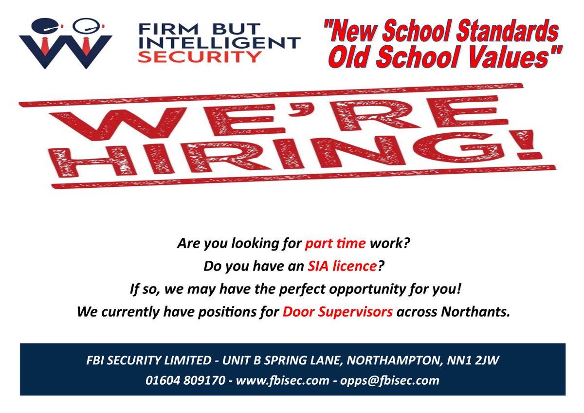 FBISecurity2's tweet photo. WE ARE RECRUITING!!
Are you looking for part time work?
Do you have an SIA Licence?
We may have the perfect opportunity for you!
We currently have positions for Door Supervisors across Northants!
#Recruiting
#PartTimeWork
#DoorSupervisors
#Northamptonshire https://t.co/HsZce0bNTw