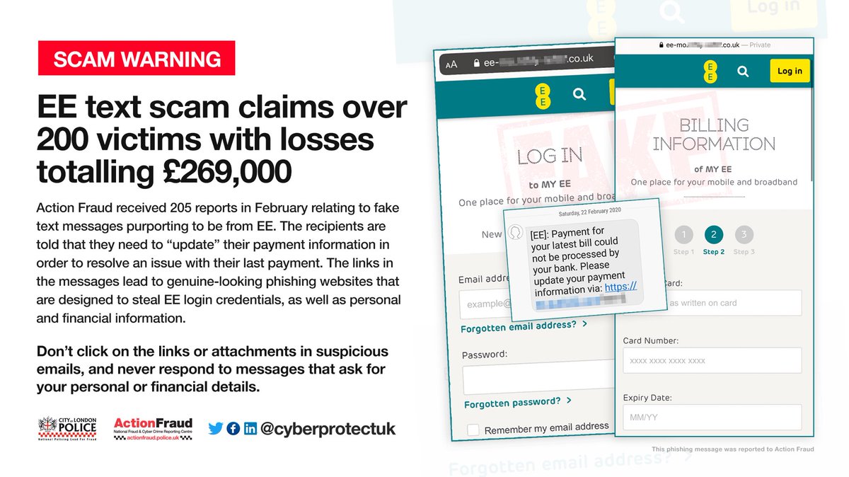 ⚠️ Have you received one of these text messages asking you to update your EE account details? Don’t take the bait!🎣

The texts are fake and the links lead to convincing-looking sites that are designed to steal your EE password, personal and financial information.