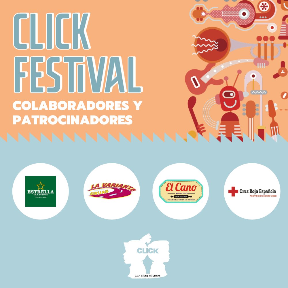 SMCIEZA's tweet photo. #ClickFestival no sería posible sin la ayuda de nuestros patrocinadores y colaboradores ¡Gracias! ¿Te unes a ellos y te vienes a pasar una tarde de lo más divertida?
Compra de entradas benéficas:
👉 Oline: https://t.co/1a4oOO7D0H
📍 En nuestra sede AFEMCE Cieza. https://t.co/rzjY7tYiqE