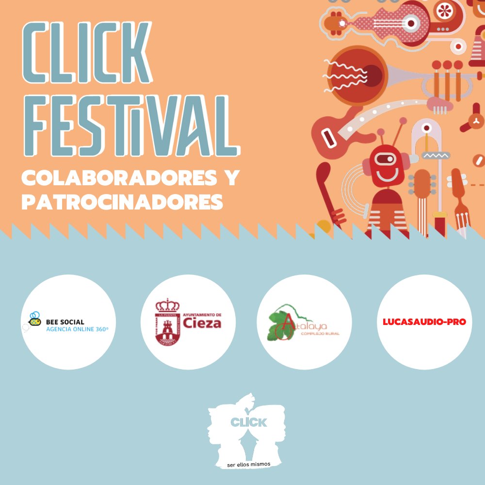 SMCIEZA's tweet photo. #ClickFestival no sería posible sin la ayuda de nuestros patrocinadores y colaboradores ¡Gracias! ¿Te unes a ellos y te vienes a pasar una tarde de lo más divertida?
Compra de entradas benéficas:
👉 Oline: https://t.co/1a4oOO7D0H
📍 En nuestra sede AFEMCE Cieza. https://t.co/rzjY7tYiqE