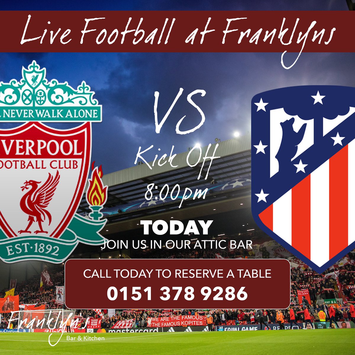Liverpool  vs Madrid is live tonight at franklyns 8pm KO 🔴🔵
. .
Make sure you reserve a table on 0151 378 9286
.
. ⚽️⚽️⚽️⚽️⚽️⚽️⚽️⚽️⚽️⚽️⚽️⚽️ .
#franklyns #heswall #livefootball #wednesday #championsleague #liverpool #reds #fbk #burgers #kebab #platters #beers #champagne #wirral