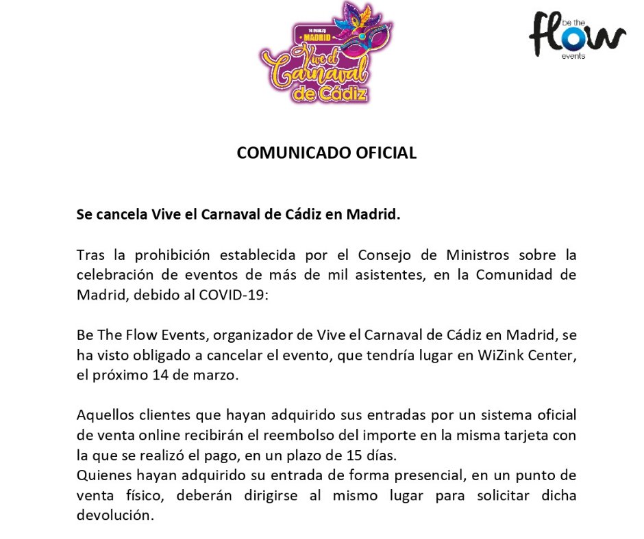 betheflowevents's tweet photo. 🔻ATENCIÓN 🔻

 Queda cancelado Vive el Carnaval de Cádiz en Madrid tras la prohibición del Consejo de Ministros sobre el COVID-19.

Sentimos las molestias. https://t.co/zep0RzuWN6