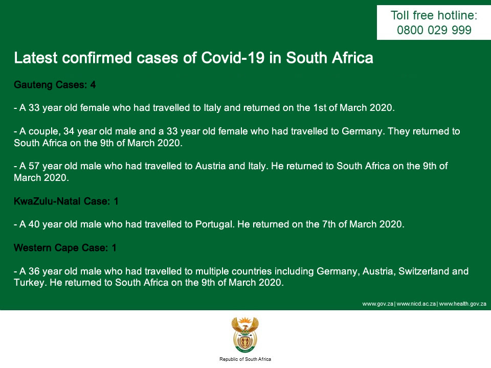 GovernmentZA's tweet photo. The Minister of @HealthZA wishes to inform the public that 6 new cases of #coronavirus have been confirmed. This takes the total number of coronavirus positive patients in South Africa to 13. #CoronaVirusUpdate #CoronaVirusSA https://t.co/VZJkq7TiYX