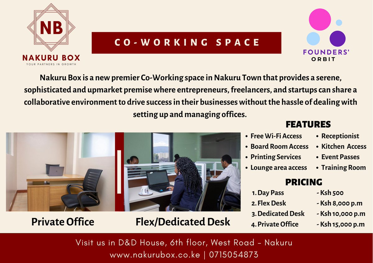 nakuruboxke's tweet photo. We have the best co-working space rates in town. Call us TODAY on 0794829081 #startup #nakuru #nakurubox #nakuruinnovation #sharon #NoWiraTuScam #coronavirus https://t.co/G8WZNlmYMW