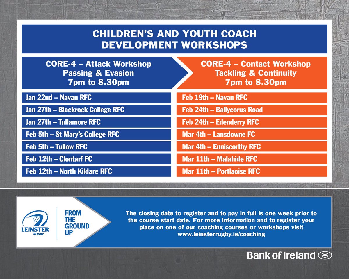 Really looking forward to the @LeinsterBranch #Core4 workshop tonight in @malahiderfc on tackle and continuity 7-830! Promises to be very informative and good fun too! Only a small number of places left  Sign up now: bit.ly/2ZSR8AQ 👈

#CoachingCourses