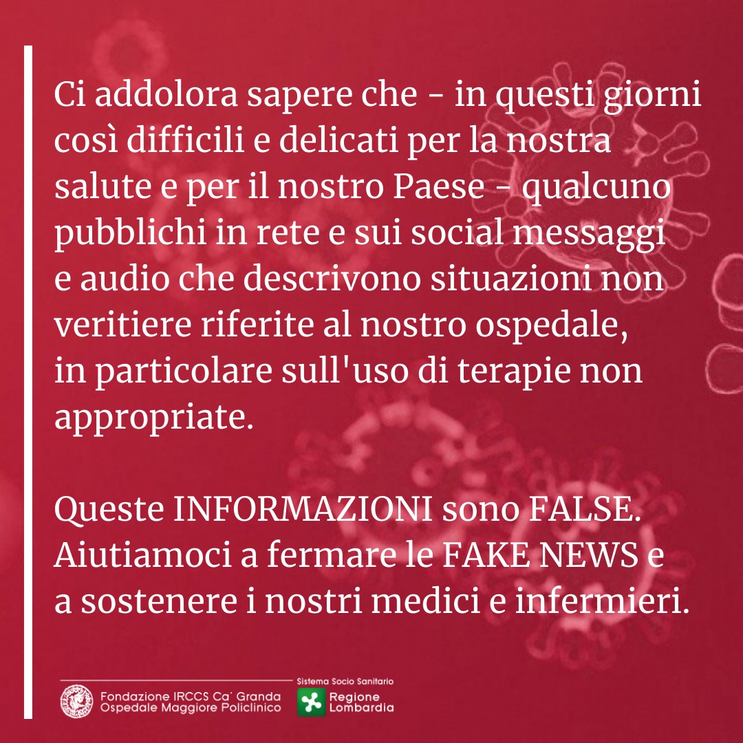 policlinicoMI's tweet photo. Sulle #FakeNews che circolano in rete e sui social. 
Aiutiamoci a fermarle

#FermiamoloInsieme https://t.co/uA44Ghnyvc