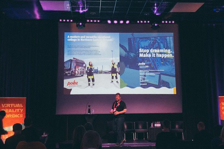 HelsinkiXR's tweet photo. @pekkaouli presenting excellent VR projects created at POKE and how to utilize them in learning. @VR_Nordic #VRN2020 https://t.co/qUn7MauHGq