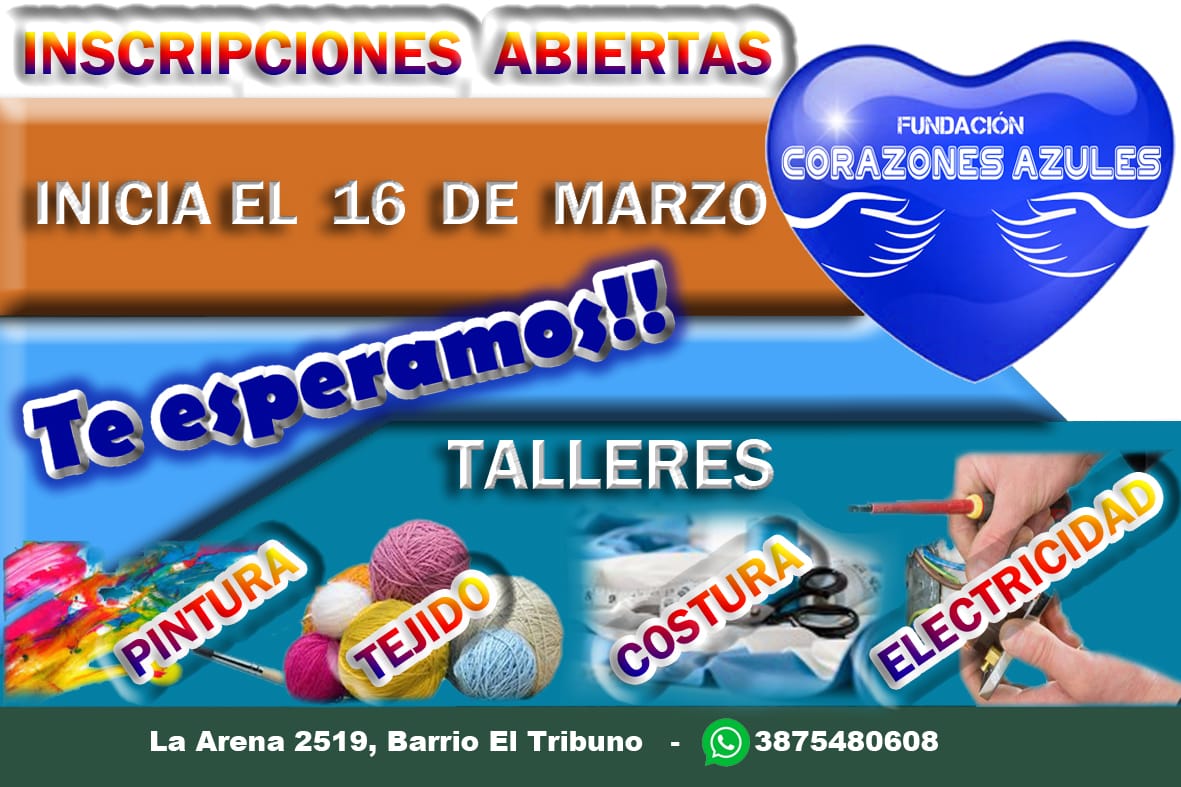 Ya se encuentran abiertas las inscripciones. Fundación #CorazonesAzules te ofrece una variedad de talleres #Acercáte 
No te lo podes perder!!!
<a href="/artydance23/">Gilda Rodríguez</a> 
<a href="/patriciapinasco/">Patricia Pinasco</a> 
<a href="/fguillesaavedra/">GUILLERMO SAAVEDRA</a> 
<a href="/Gladys00526172/">Gladys</a> 
<a href="/matiaszaki16/">Ezequiel Nuñez</a> 
<a href="/ricardinius/">Ricardo Saavedra</a>