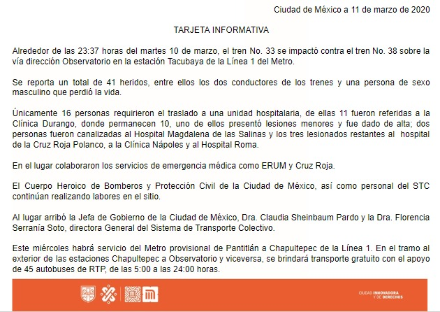 MetroCDMX's tweet photo. El STC Metro informa sobre el impacto de dos trenes en la estación Tacubaya de la Línea 1. https://t.co/2UeMDYHtpV