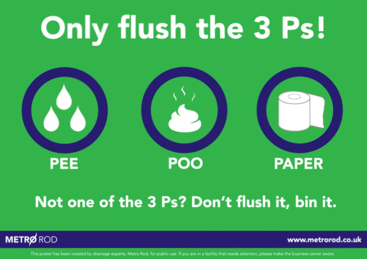 MetroRodUK's tweet photo. Don't want blocked drains? Only flush the 3 Ps - pee, poo and paper!🚽

Our new toilet poster is available to download for free from our website! https://t.co/GXyhdze1ET

#ThreePs #WhatNotToFlush #MetroRod https://t.co/LRxDtkjF5h